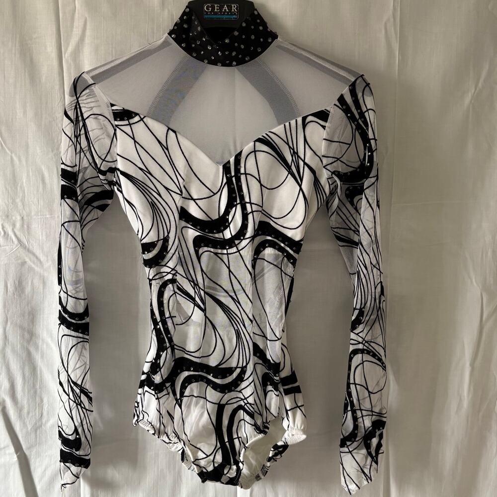 Kelle solo dance costume Black White Mesh Leotard  Rhinestones Adult Small